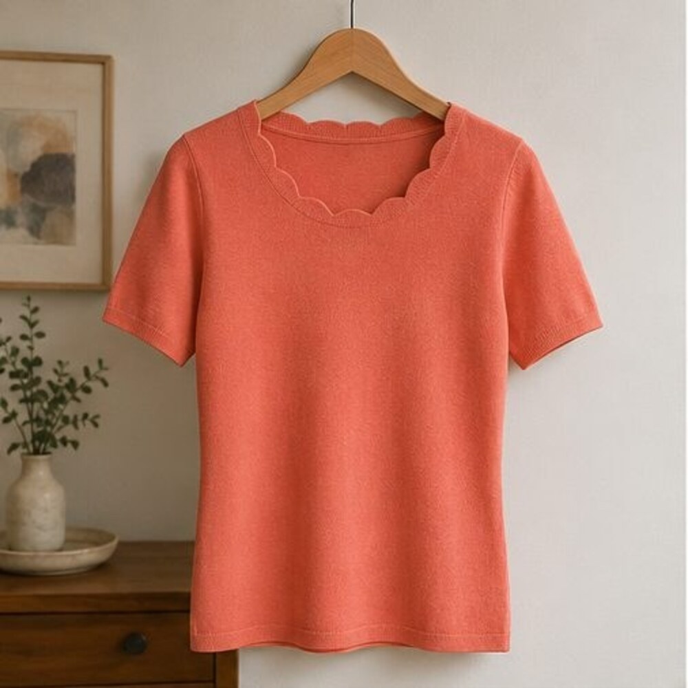 Coral Scallop Neck Knit Top